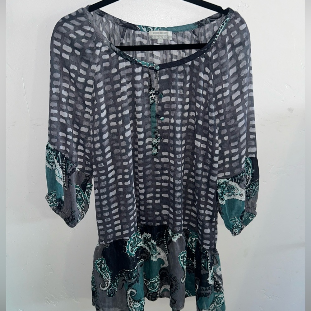 Cost Plus World Market BlK Grey White Buttoned  3/4 Sleeve Blouse Sz L/XL